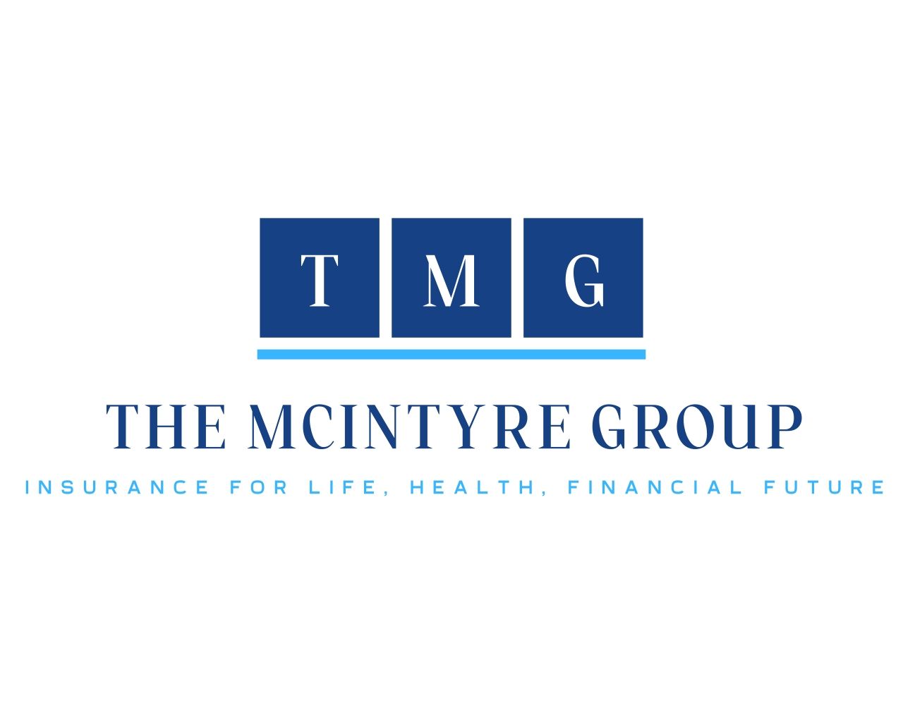 The McIntyre Group logo, a dark blue and light blue design featuring the letters TMG in three separate blocks. Below the logo are the words 'The McIntyre Group' and the slogan 'Insurance for life, health, financial future'. Describes the products offered are life insurance, annuities, supplemental health with Aflac